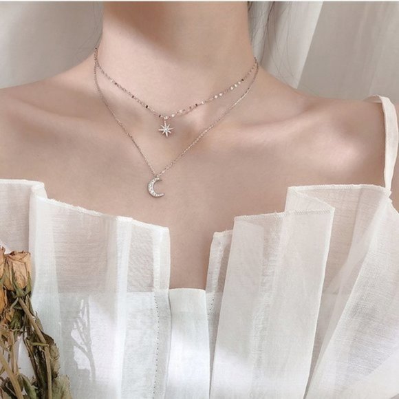 925 Sterling Silver Diamond Moon Star Necklace K - Picture 4 of 7